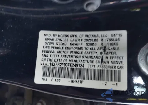 2015 Honda Civic Ex-L from USA, damaged, VIN 19XFB2F93FE249124